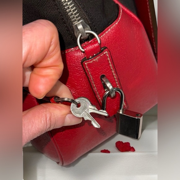 SOLD!! Not for Sale! Prada Cherry Red Brown Leather and Canvas Bowling Bag - Picture 8 of 14